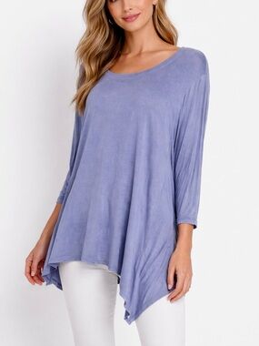 CABLE & GAUGE Viscose Blue Knit Asymmetrical Flowy Tunic Top Long Sleeve Tee
